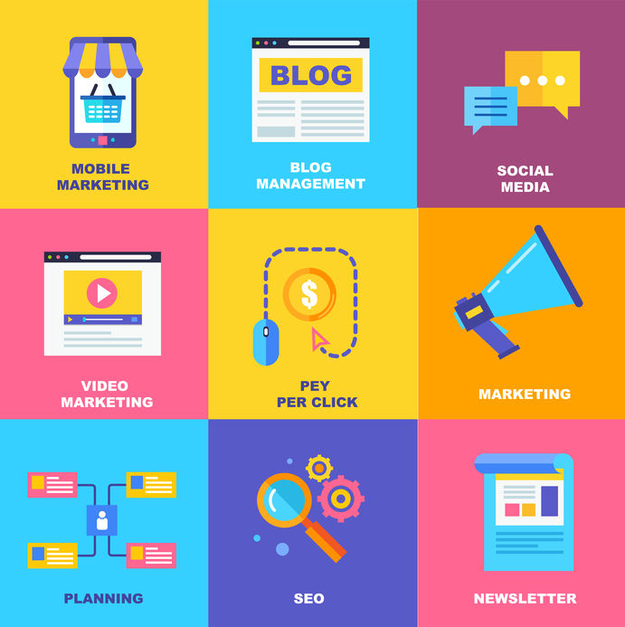 Flat icons of digital marketing, video advertising, social media campaign, newsletter promotion, pay per click service, website seo optimization. Flat design modern vector illustration concept.