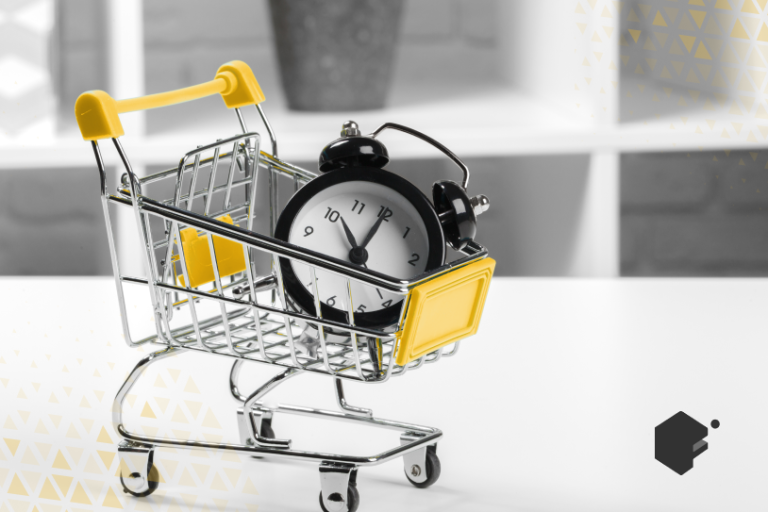 Ecommerce shopping cart with a clock in it.