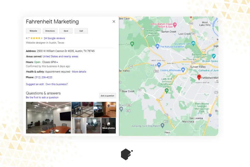 Google search results for Fahrenheit Marketing, showing a map location and business profile highlights.