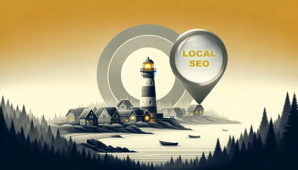An illustration of a small coastal town with a location pin that reads Local SEO