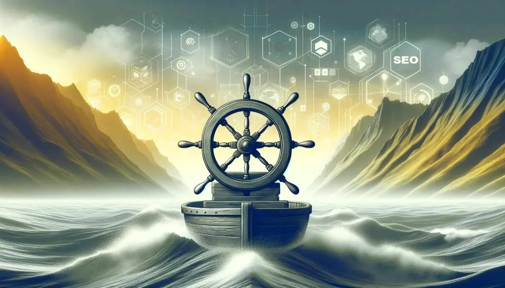 A boat sailing the open seas with a prominent steering wheel that represents SEO in the digital world