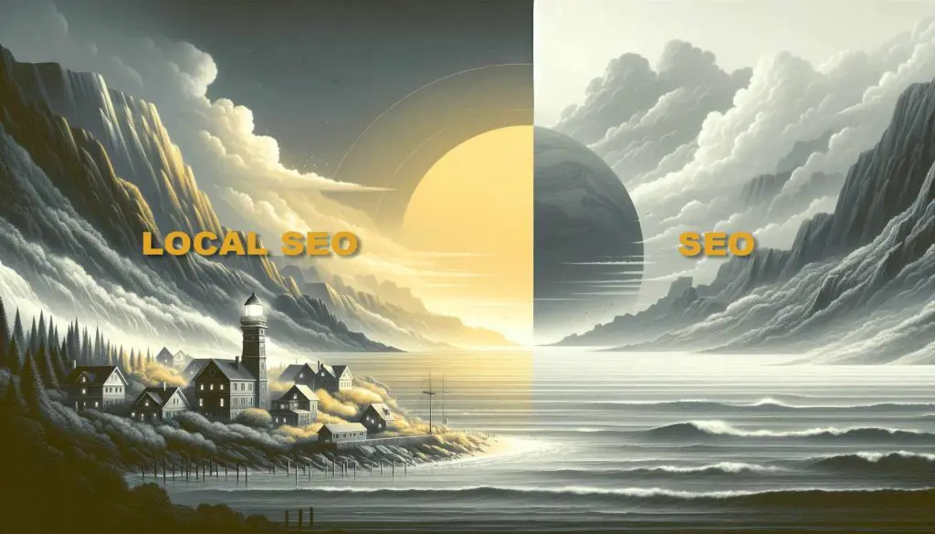 An Illustration of a village that represents Local SEO and the vast open seas that represent SEO