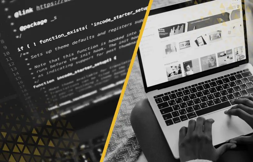 A split screen of web code on one side and a final website on the other side