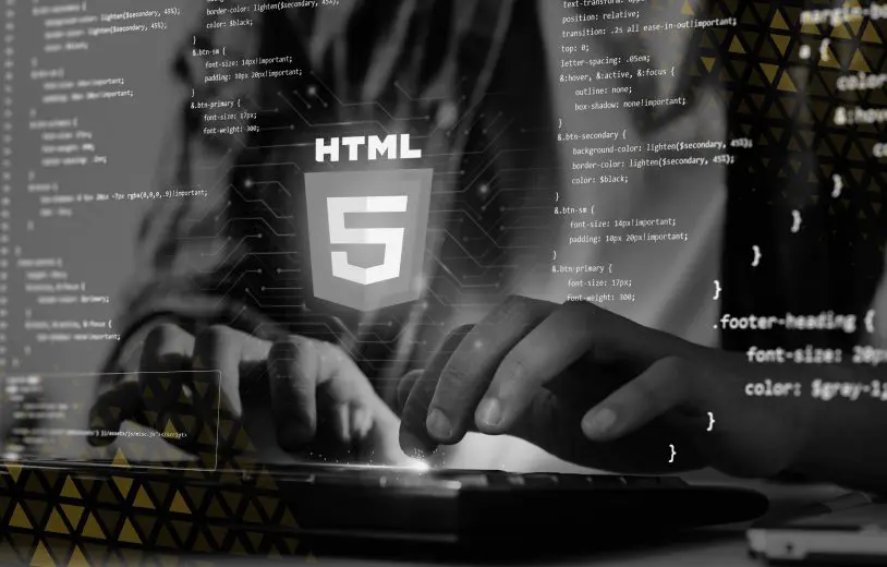 A person typing with code and the words HTML 5 on it