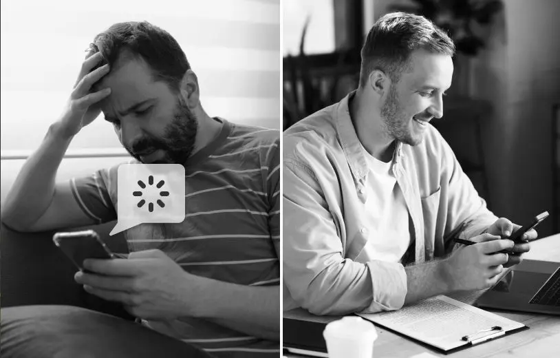 split screen images of a man using his phone